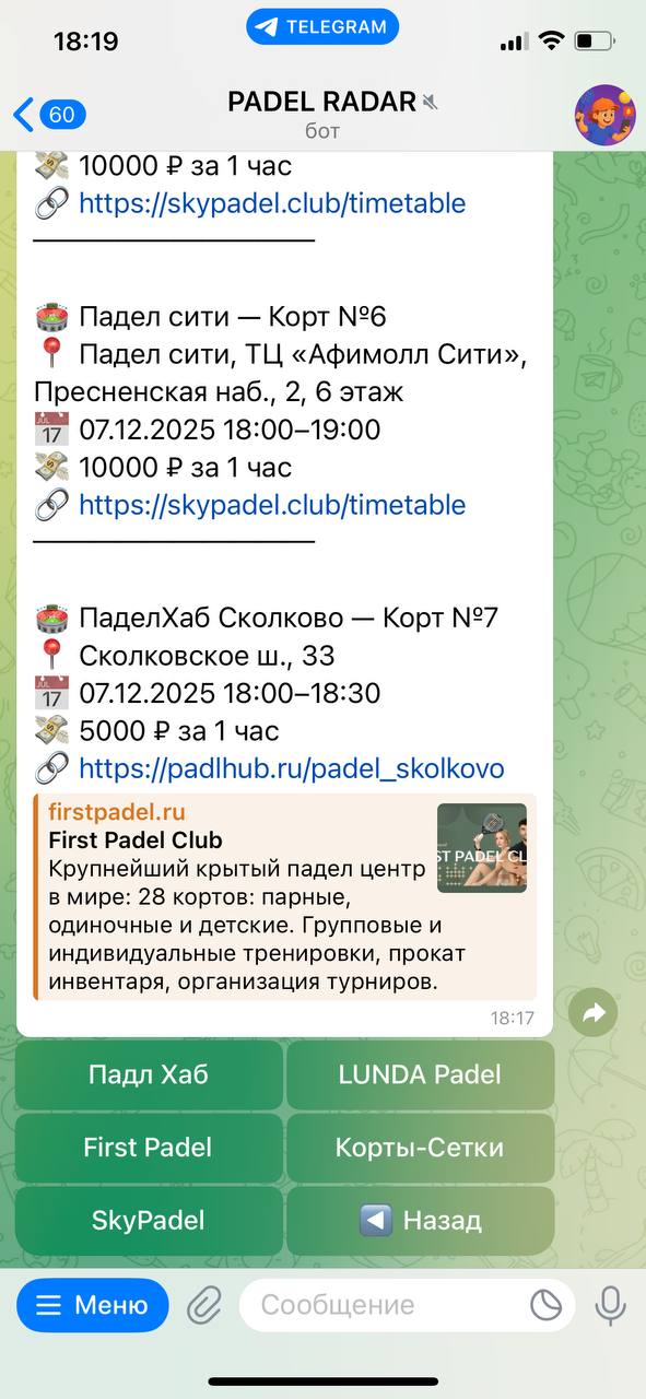 Интерфейс Padel Radar